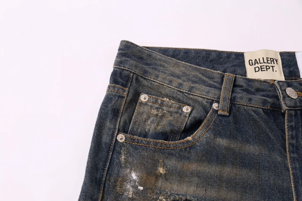 655#Gallery Dept New Retro Splashed Ink Hole Embroidery Washed Small Straight Leg Jeans American High Street Casual Trousers Washed Blue S～XL P240